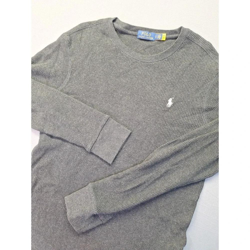 POLO RALPH LAUREN Mens Waffle Knit Thermal Long Sleeve Large Charcoal Grey‎ Pony